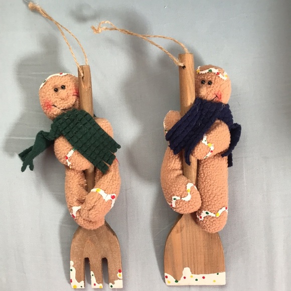 RARE vintage fabric gingerbread men fork & spatula kitchen Christmas ornaments - Picture 2 of 12